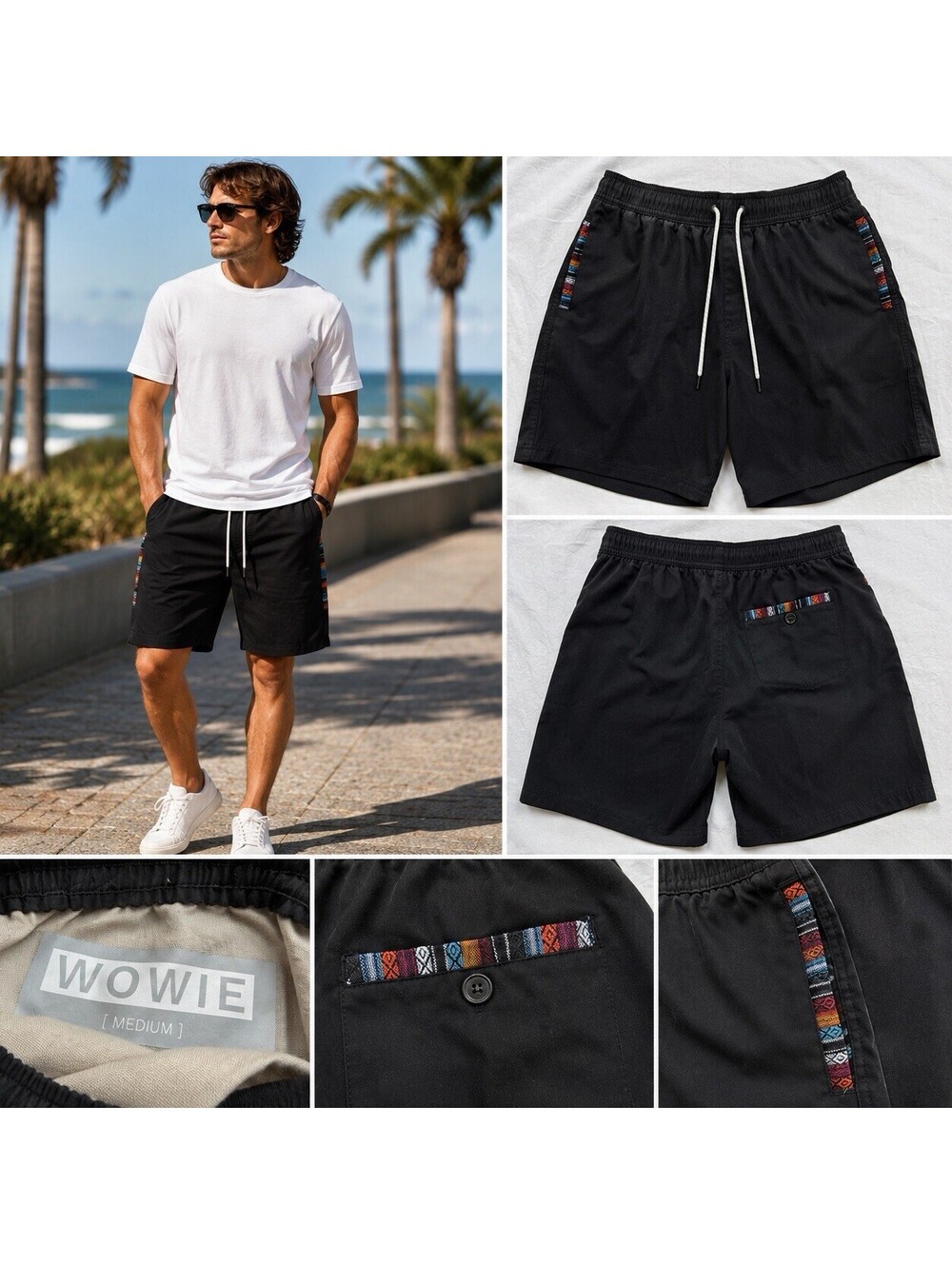 WOWIE Men’s Medium Black Drawstring Shorts Aztec Tribal Trim Casual Beach M